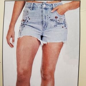 NWT BAN-JARA Denim High Rise Floral Embroidery Shorts Raw Hem Light Wash Size 27